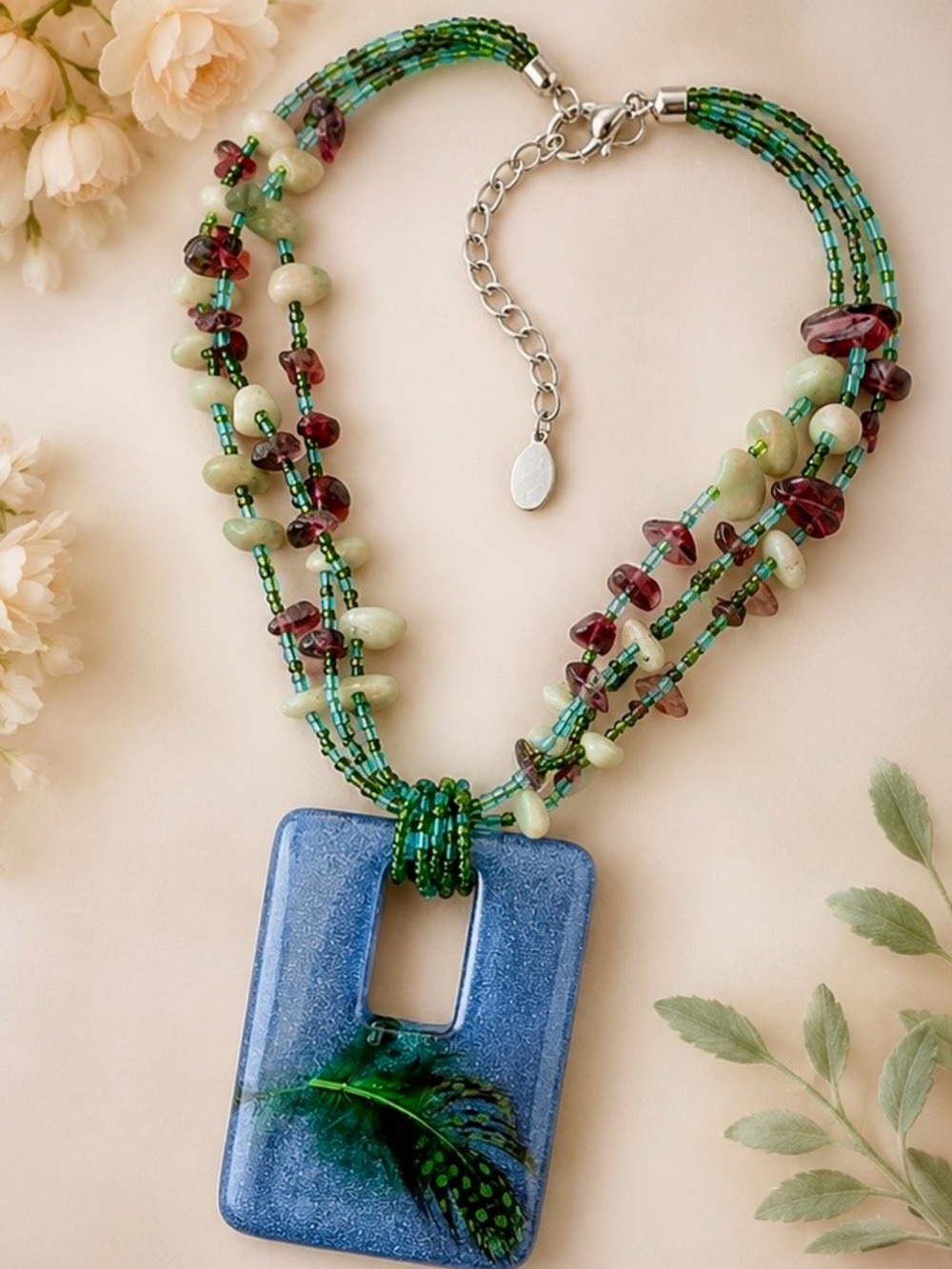 Boho Green Beaded Necklace Feather Resin Pendant Multi Strand Statement 21” - Picture 3 of 3